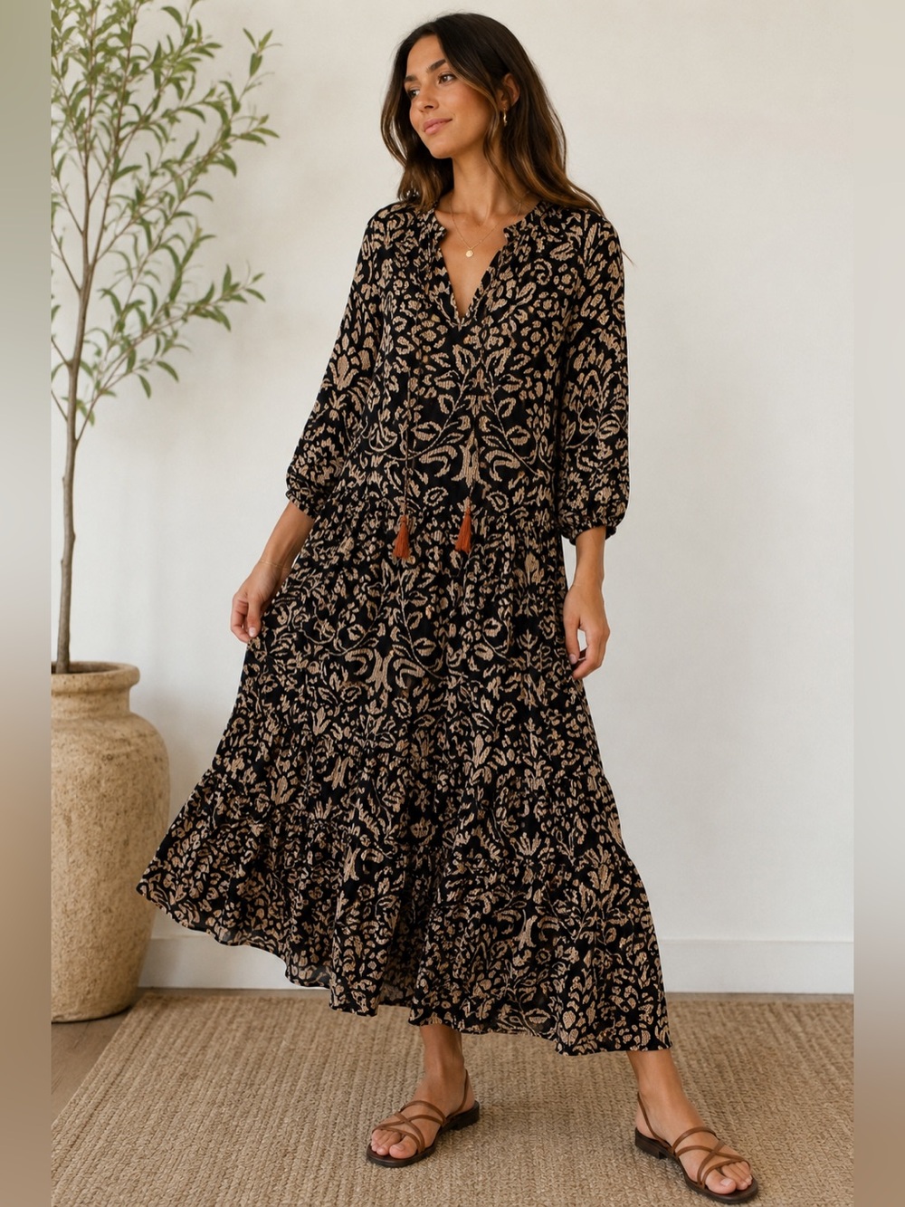 ✨🖤 Karyn Seo Love Kyla Caite Avis Dress Small Tiered Boho Rayon 🖤✨